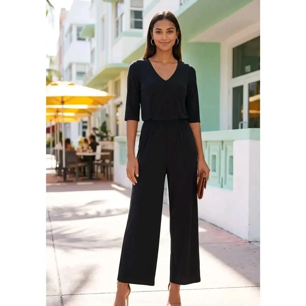 Chico's Travelers Jumpsuit Womens Size 2 US 12-14 Black Velvet V-Neck 3/4 Sleeve